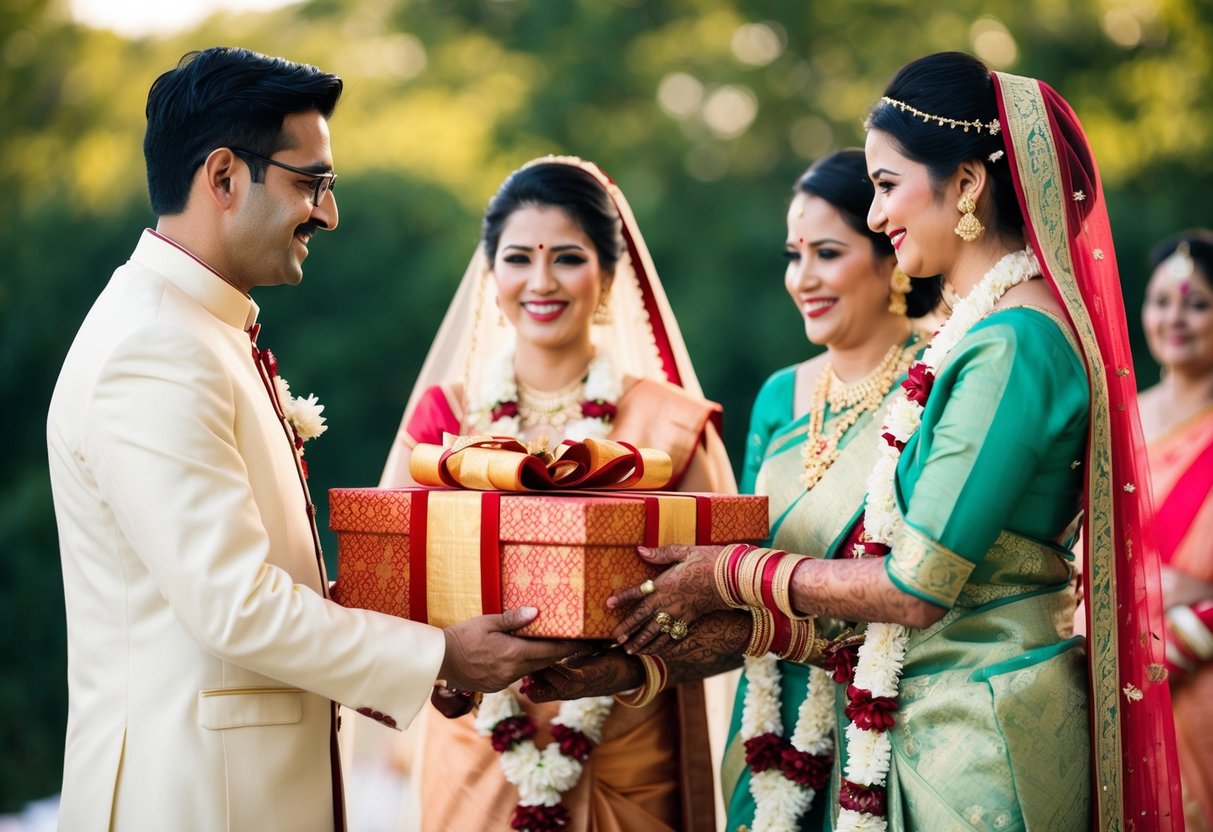 The groom's parents present a traditional gift to the bride's family, symbolizing their responsibility for the wedding arrangements