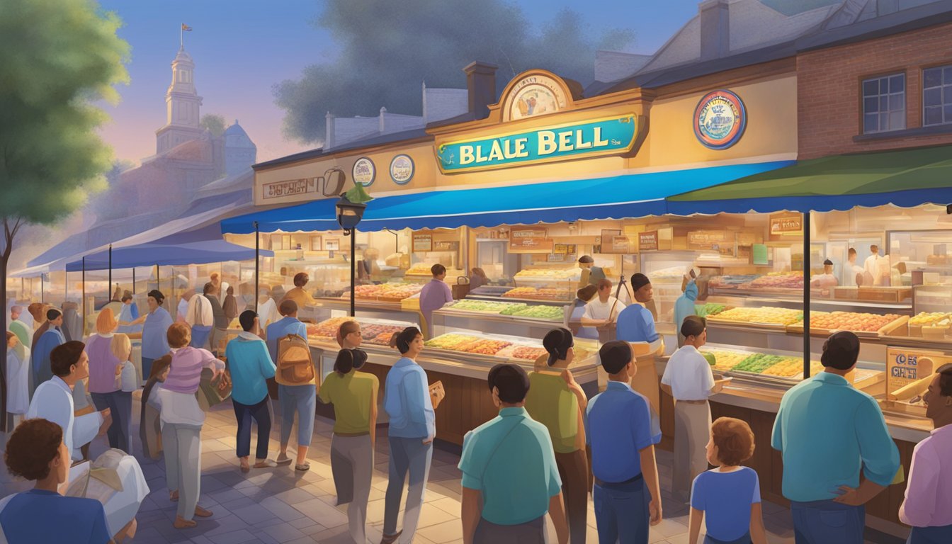 A bustling marketplace with a prominent Blue Bell Creameries stand, surrounded by eager customers and colorful signage