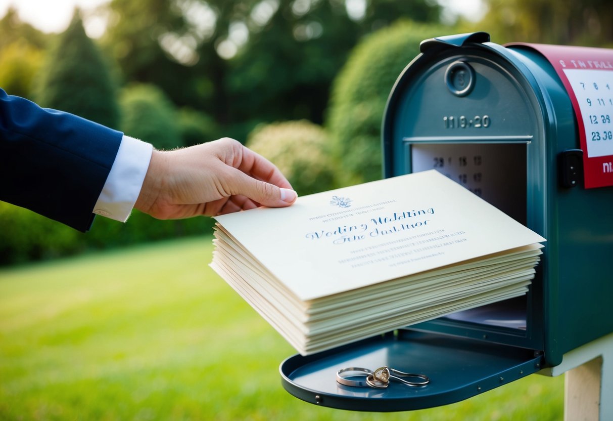 A stack of elegant wedding invitations being placed in a mailbox, with a calendar showing the date of the upcoming wedding highlighted