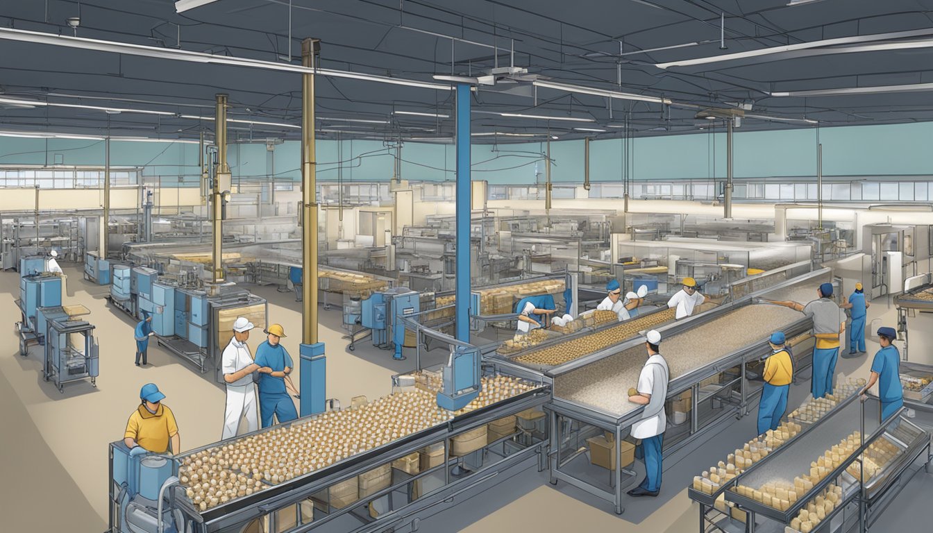 A bustling factory floor at Blue Bell Creameries in Broken Arrow, with workers packaging ice cream and operating machinery