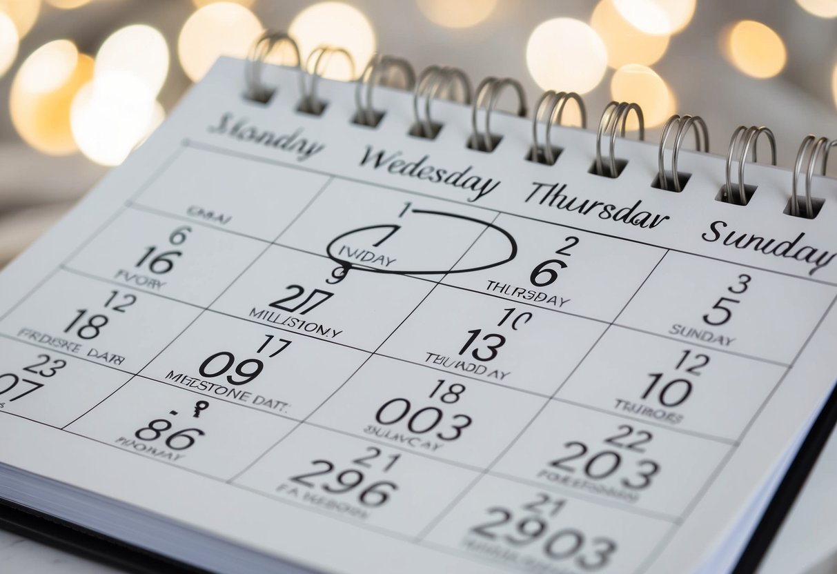 A calendar with a wedding date circled, surrounded by various milestone dates leading up to the event