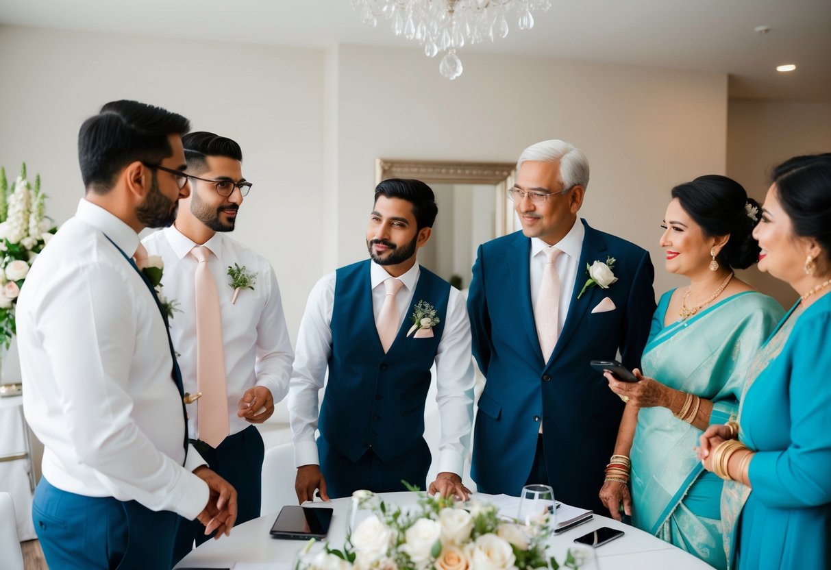 Groom's parents overseeing wedding preparations, discussing financial and logistical details with the couple and other family members