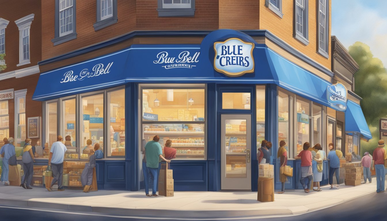 A bustling storefront with a prominent "Blue Bell Creameries" sign, surrounded by colorful promotional displays and engaged customers in St. Peters