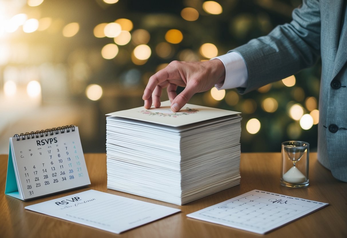A hand reaching for a stack of elegant wedding invitations, surrounded by a calendar and a list of RSVPs