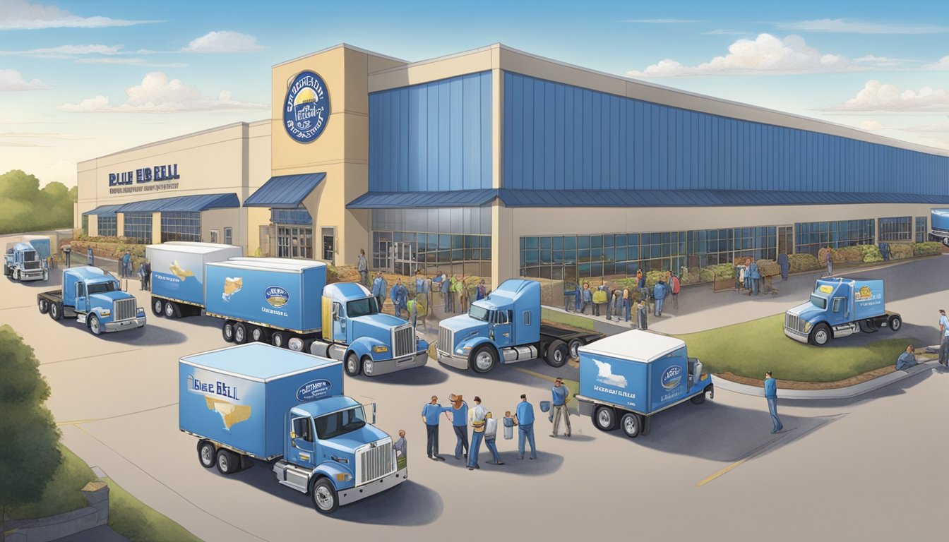 The blue bell creameries corporate office and distribution center in Brenham is bustling with activity, with trucks loading and unloading products, and employees busy at work