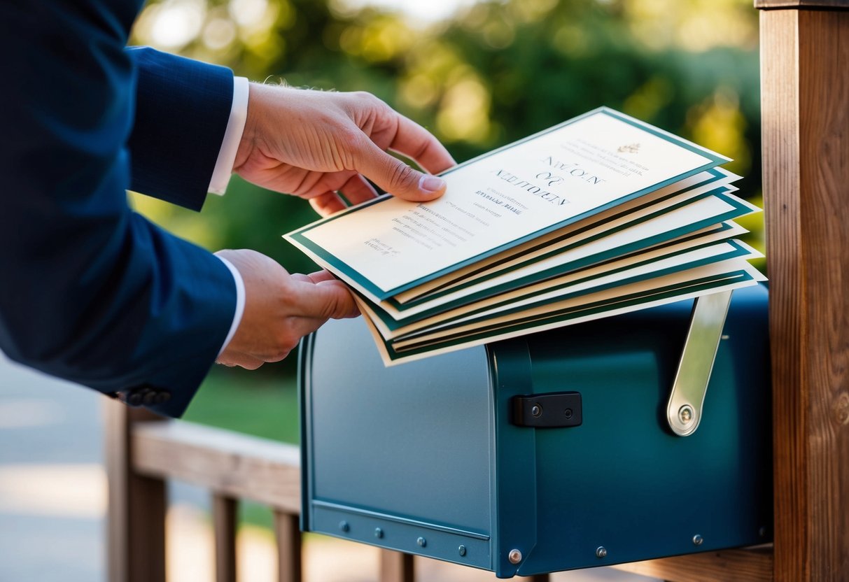 A stack of elegant wedding invitations being placed into a mailbox