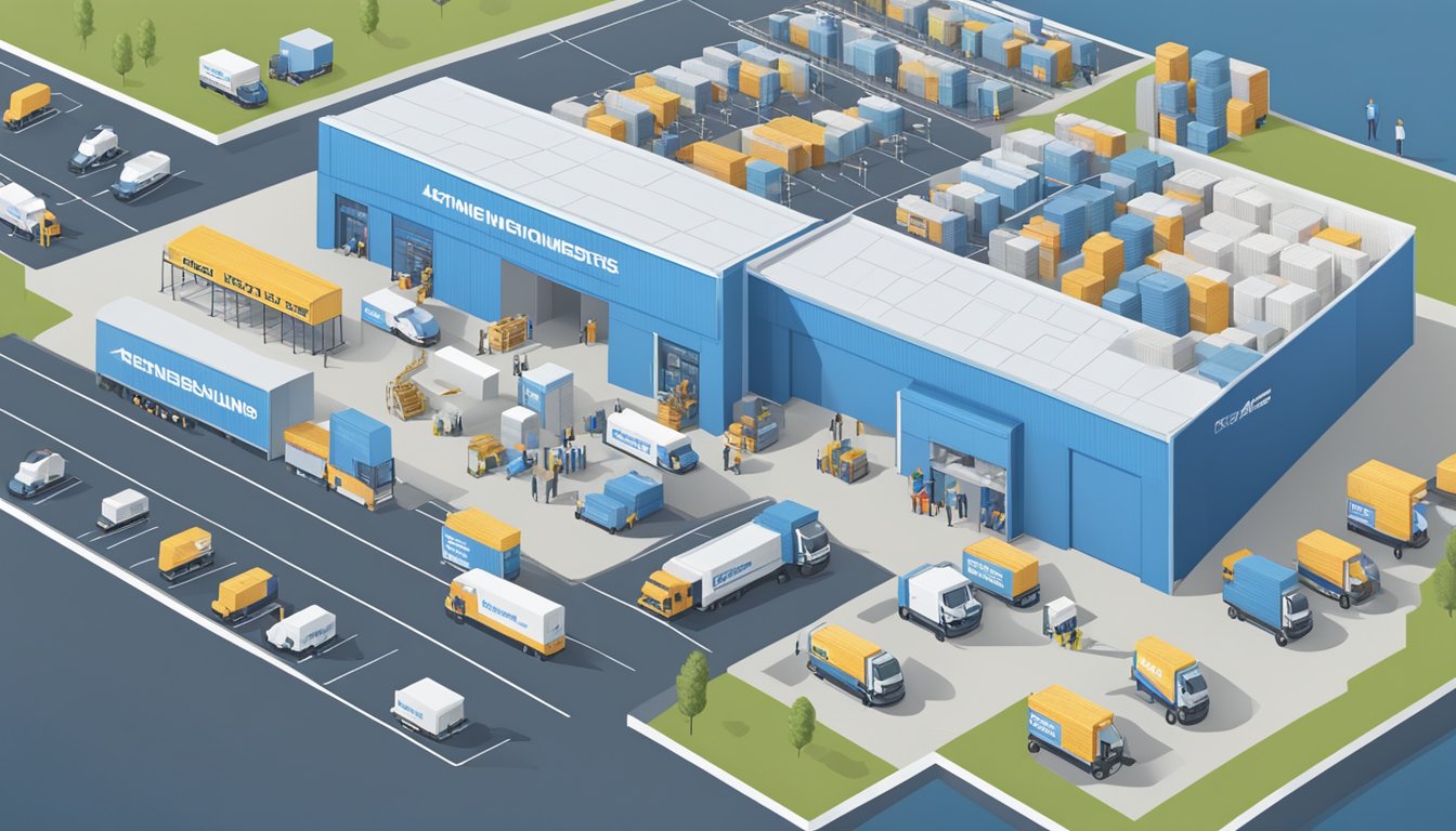 A bustling distribution center with blue and white branding, surrounded by satisfied customers leaving positive reviews