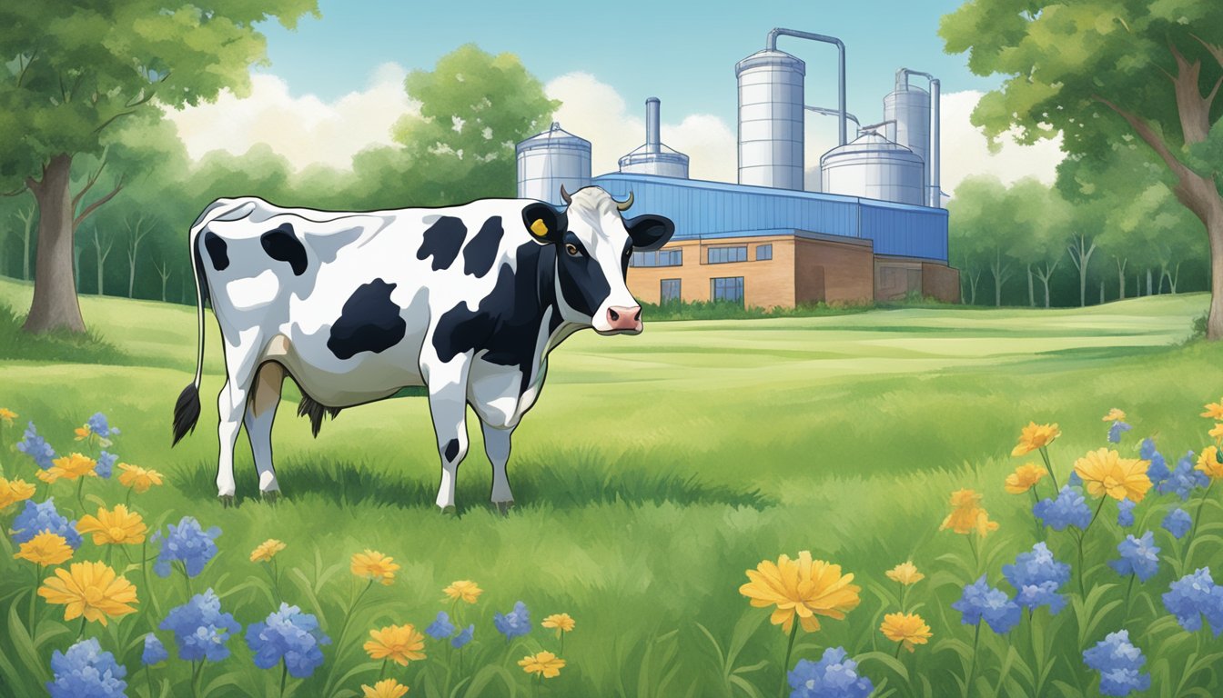 A cow grazing in a lush green pasture, with a backdrop of the Blue Bell Creameries factory and the company's stock price graph displayed on a large screen