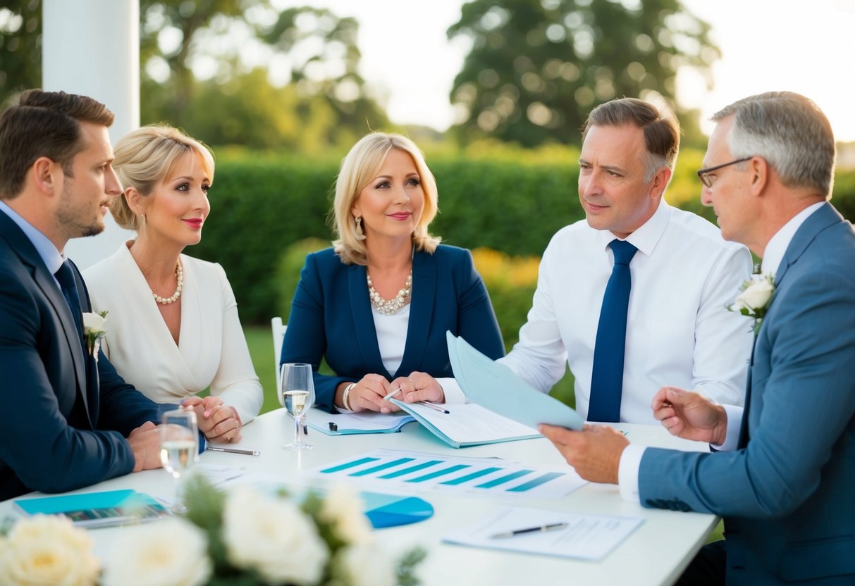 Parents discussing wedding expenses at a table, with a wedding planner presenting a breakdown of costs and responsibilities