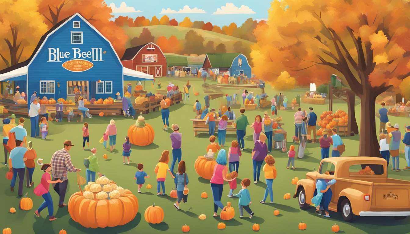 A fall festival at Blue Bell Creameries with colorful decorations, hay bales, pumpkins, and families enjoying ice cream and activities