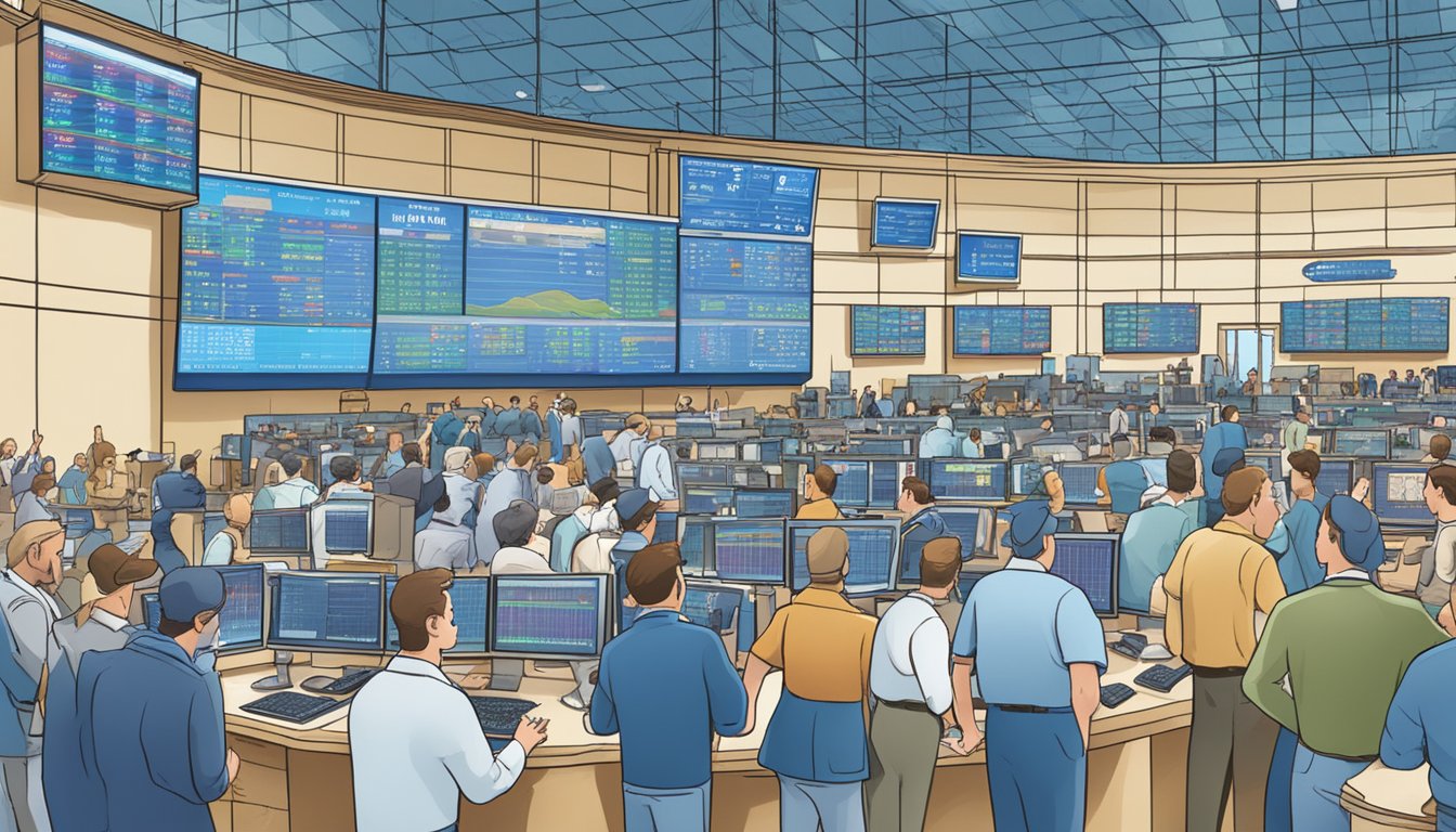 A bustling stock market floor with traders gesturing and shouting, screens displaying fluctuating blue bell creameries stock prices