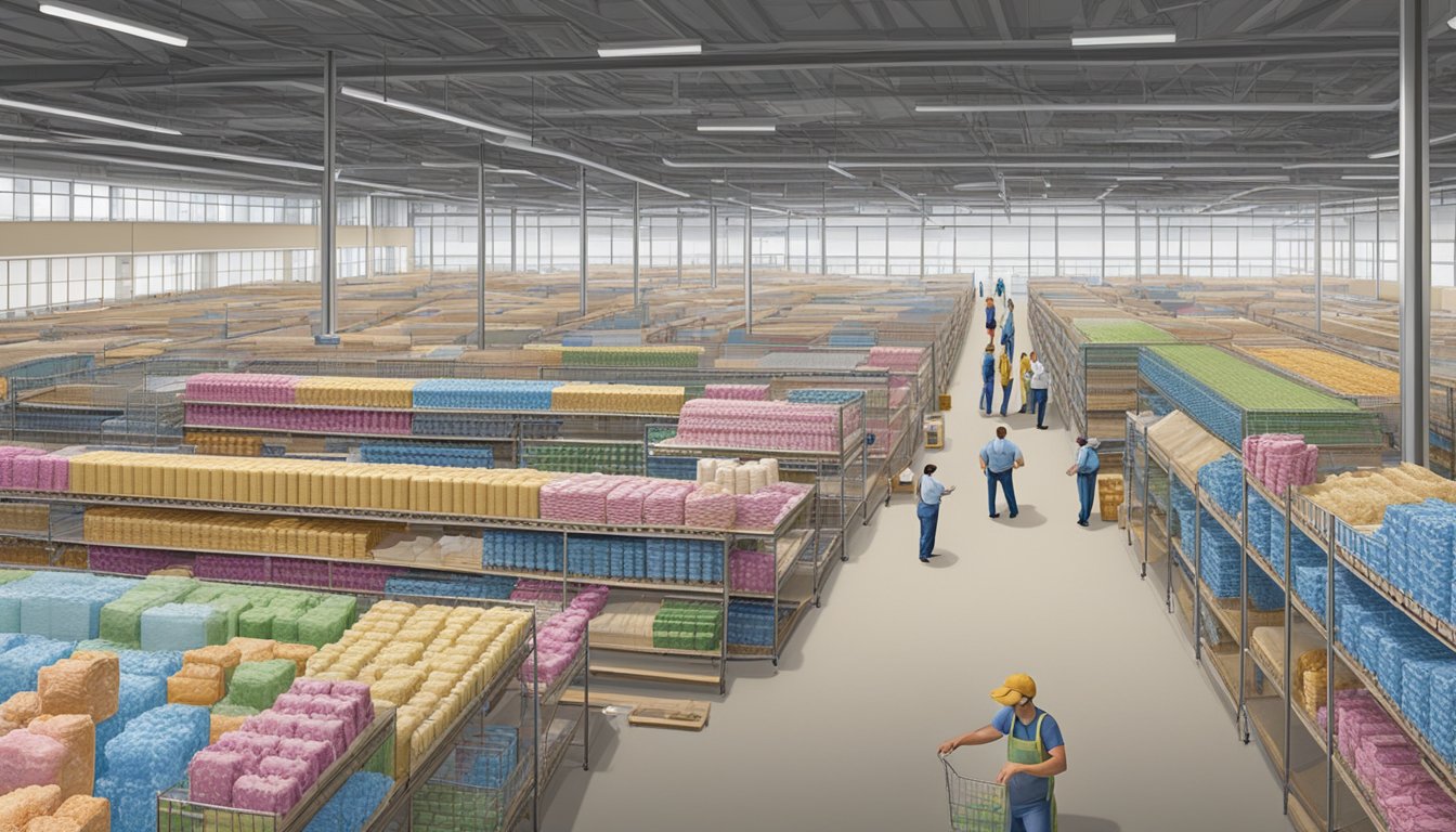 A bustling distribution center at Blue Bell Creameries corporate office in Brenham, with employees working among stacks of ice cream products