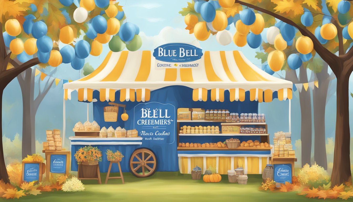 A festive scene with a colorful vendor booth selling Blue Bell Creameries products at a fall festival on October 26th