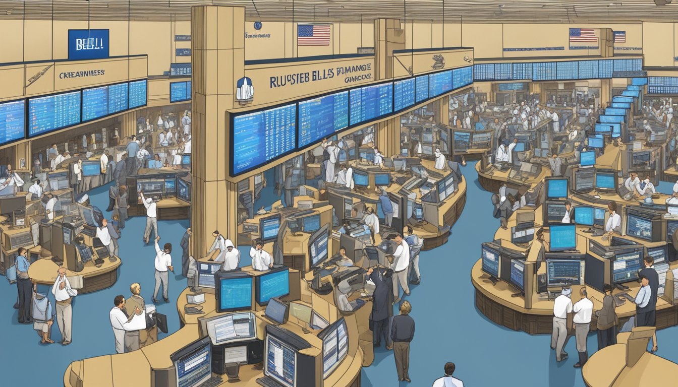 A bustling stock exchange floor with traders gesturing and shouting, electronic boards displaying fluctuating stock prices, and a prominent display of Blue Bell Creameries' stock performance