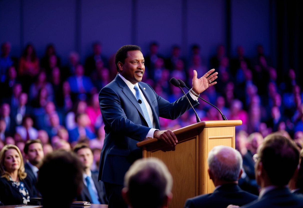 A speaker standing confidently at a podium, gesturing with passion, as the audience listens intently