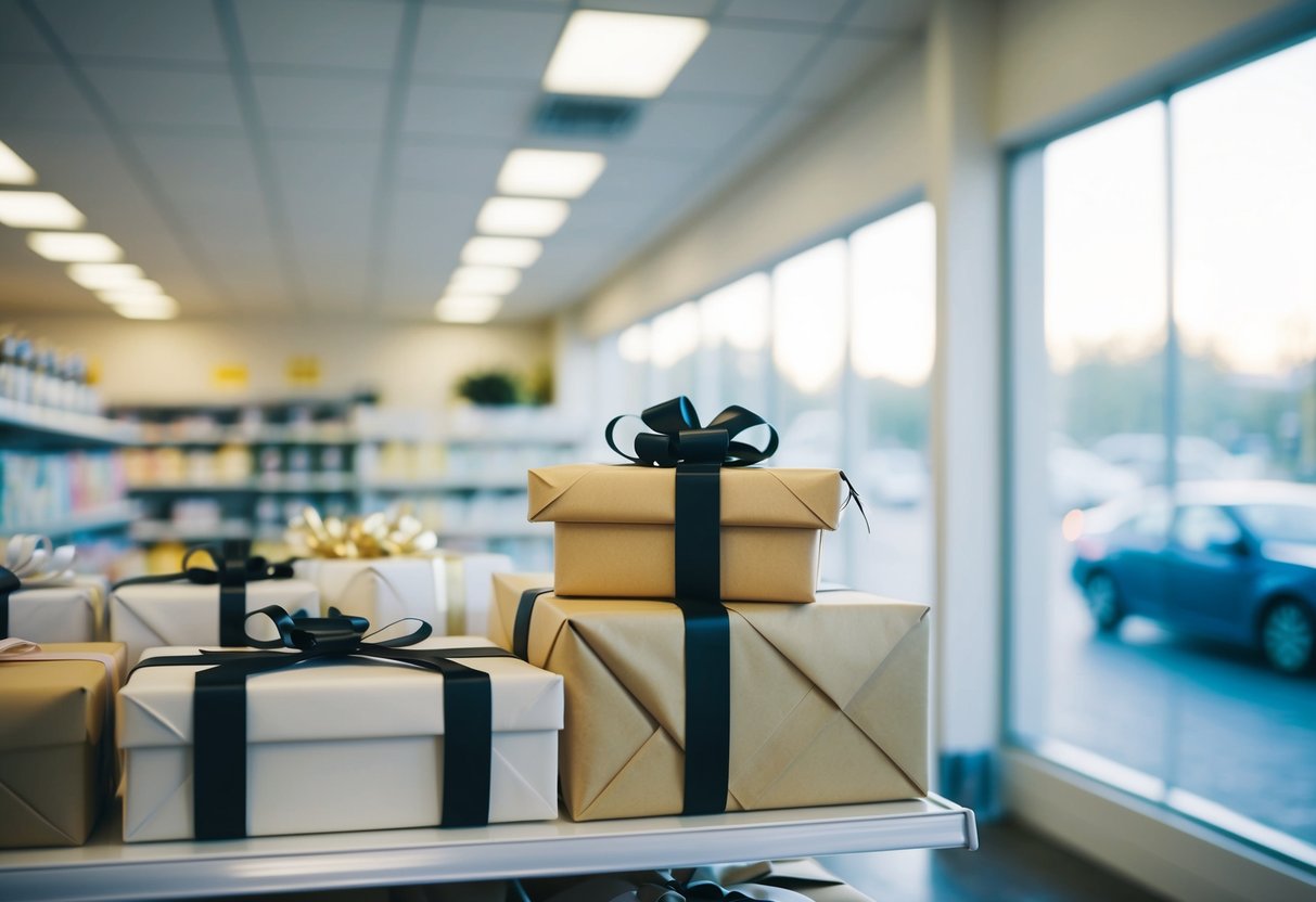 A wrapped wedding gift sits on a store shelf, surrounded by other items. The store is empty, with soft morning light streaming through the window