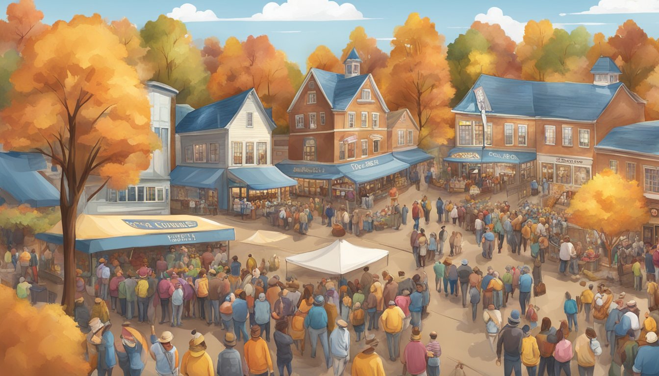 A festive fall scene with colorful banners and a bustling crowd at the Blue Bell Creameries for the Visitor Information fall festival on 26 October