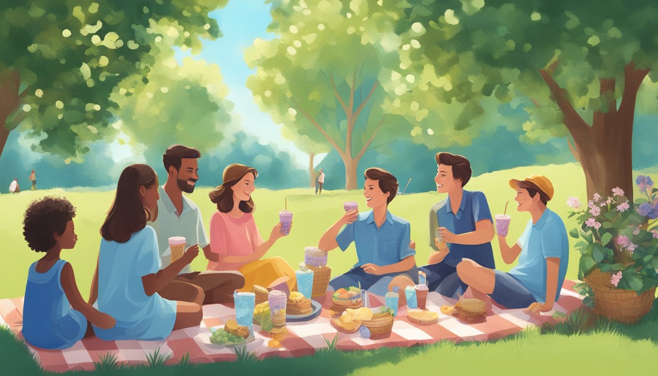 A group of people enjoying Blue Bell ice cream at a summer picnic, surrounded by lush greenery and a clear blue sky