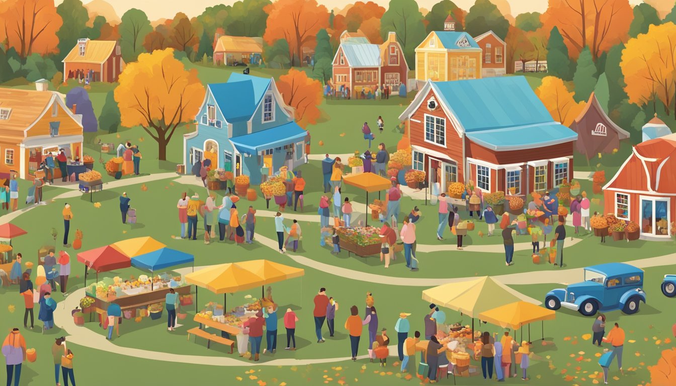 A bustling fall festival at Blue Bell Creameries on 26 Oct, with colorful decorations, hay bales, pumpkins, and families enjoying ice cream treats