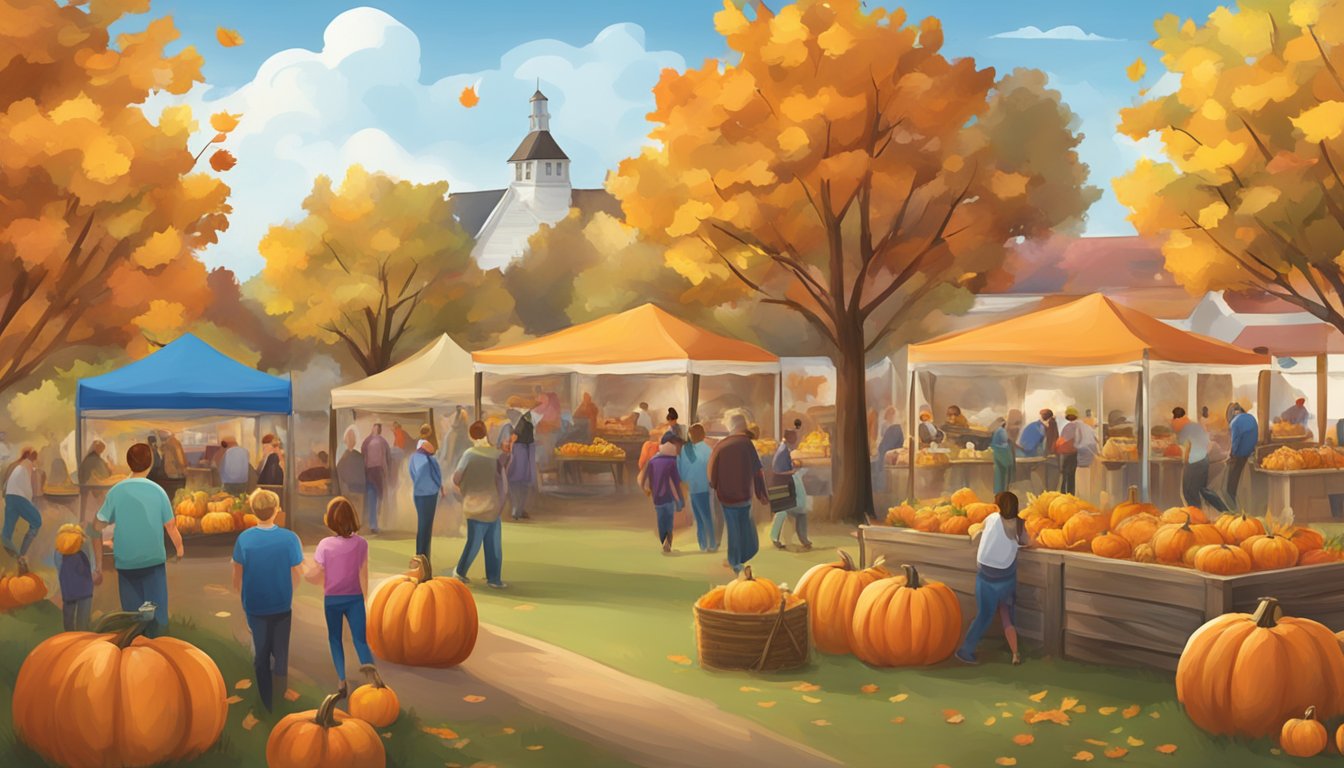 A colorful fall festival at Blue Bell Creameries with pumpkins, hay bales, and a lively atmosphere