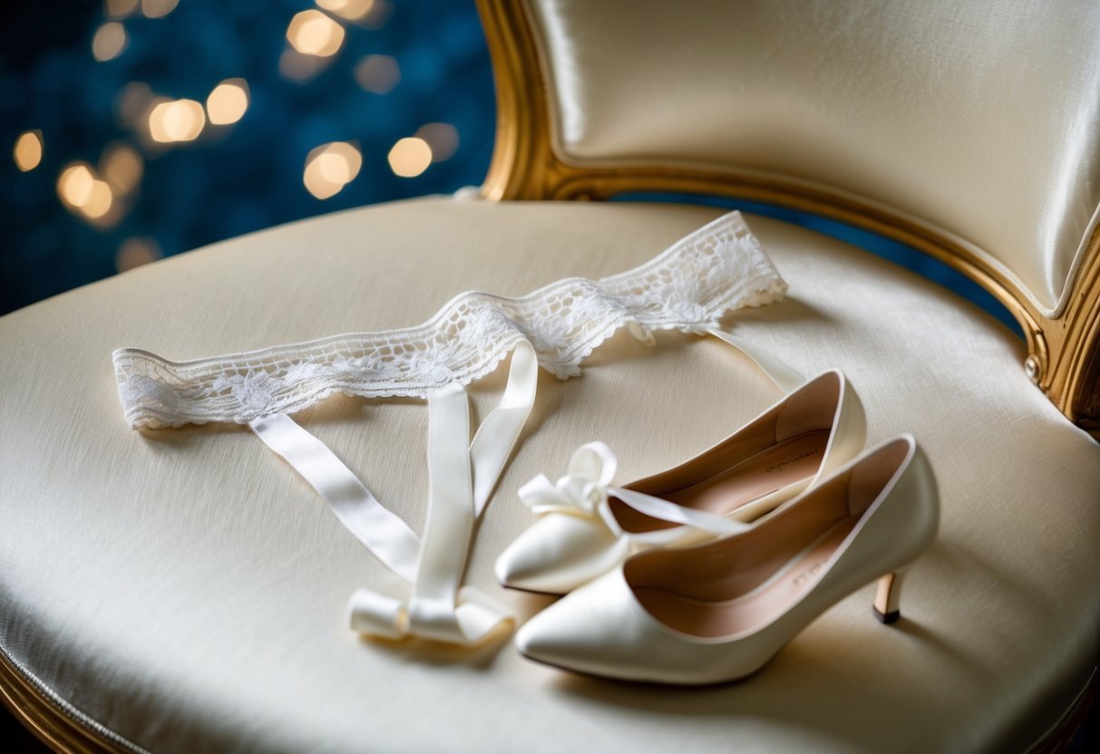 A lacy garter and delicate white stockings lie on a silk-covered chair, next to a pair of ivory satin heels