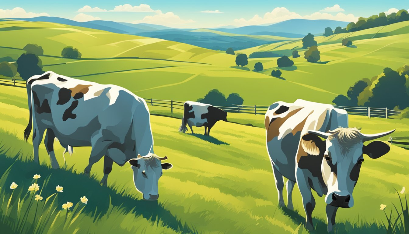 A sunny pasture with grazing cows and a backdrop of rolling hills and a clear blue sky