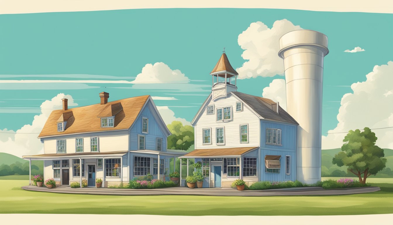 A quaint, vintage creamery building nestled in a small town, surrounded by lush green fields and a clear blue sky