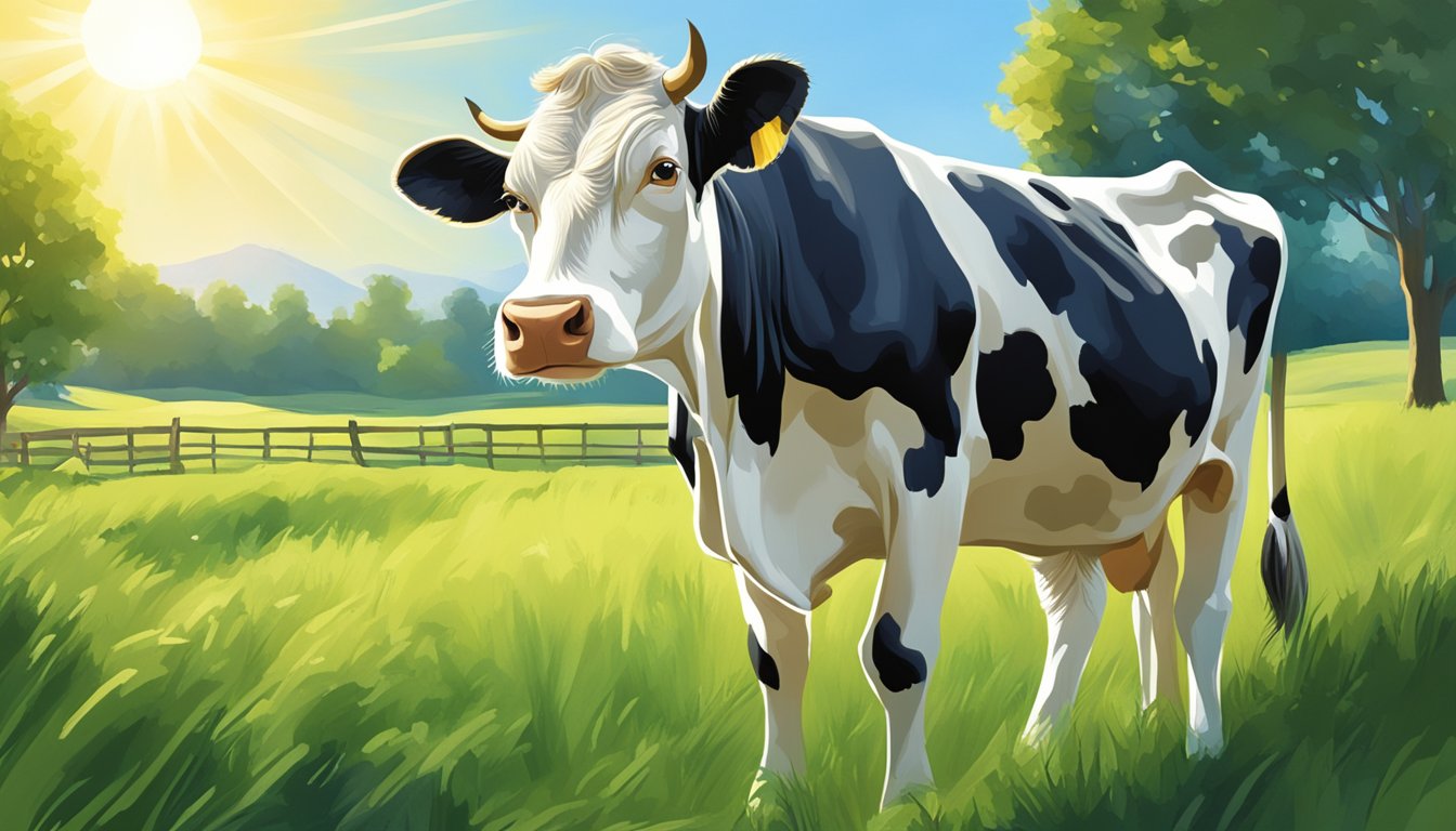 A cow standing in a green pasture, with a clear blue sky and a bright sun shining down