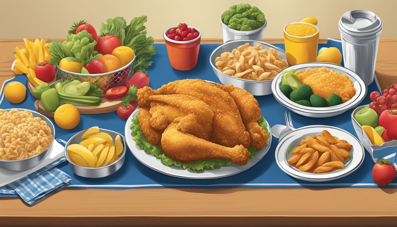 A table with various menu items from Church's Texas Chicken, surrounded by colorful fruits and vegetables