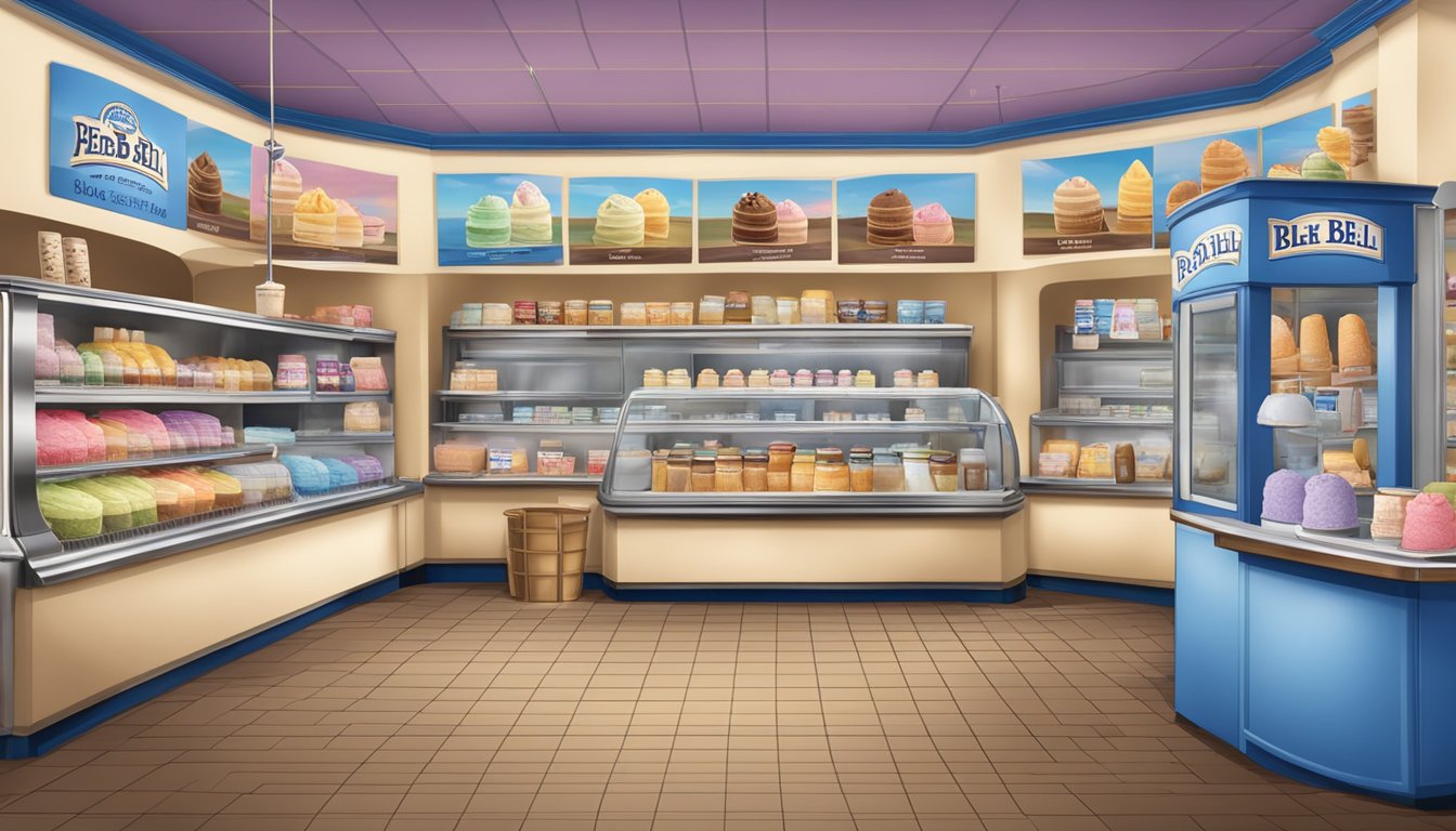 A colorful display of Blue Bell ice cream products and flavors at a Henderson creamery