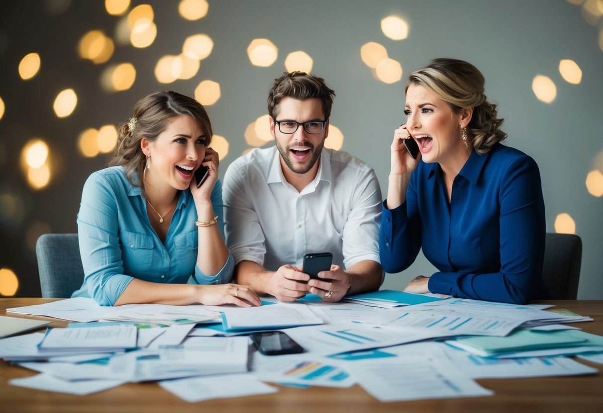 A frazzled couple surrounded by scattered wedding plans and a frustrated wedding planner on the phone