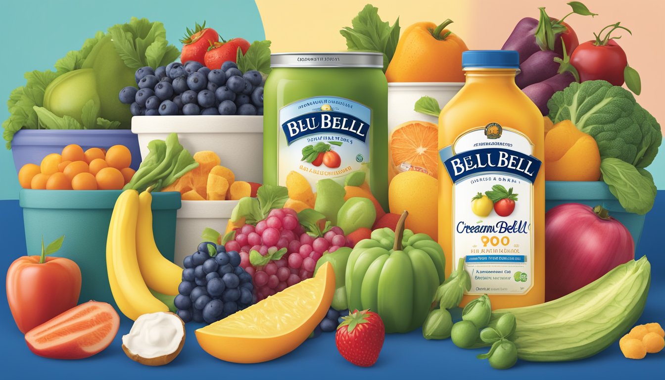 A colorful array of fresh fruits and vegetables arranged around the Blue Bell Creameries logo, with a variety of healthy dietary options displayed alongside the nutritional information