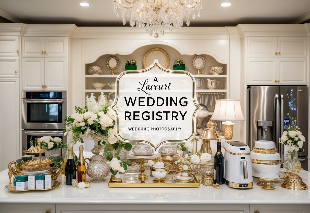 A lavish wedding registry filled with high-end items, from luxury kitchen appliances to designer home decor, exuding an air of opulence and extravagance