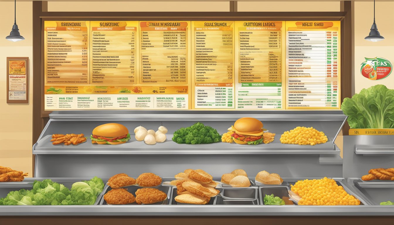 A colorful menu board displays the nutrition information for Health-Conscious Choices at a Texas Chicken restaurant