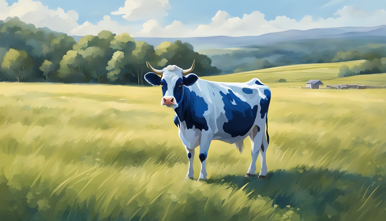 A blue and white cow standing in a field with a bell around its neck, with a clear view of the surrounding landscape