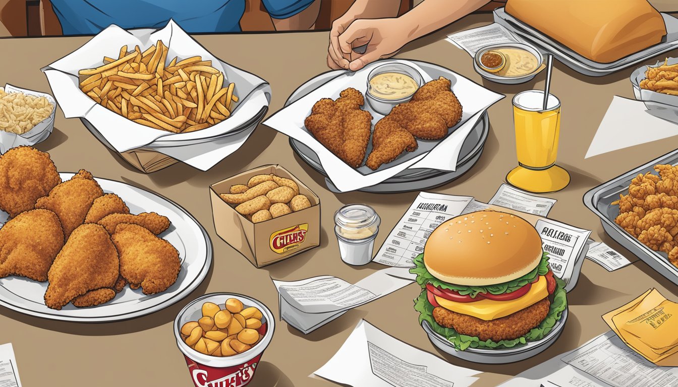 A table with various food items from Church's Texas Chicken menu, along with corresponding allergen information labels