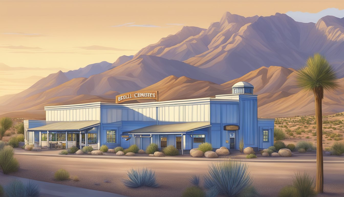 A serene desert landscape with a blue bell creameries building nestled among the rugged mountains of Henderson, Nevada