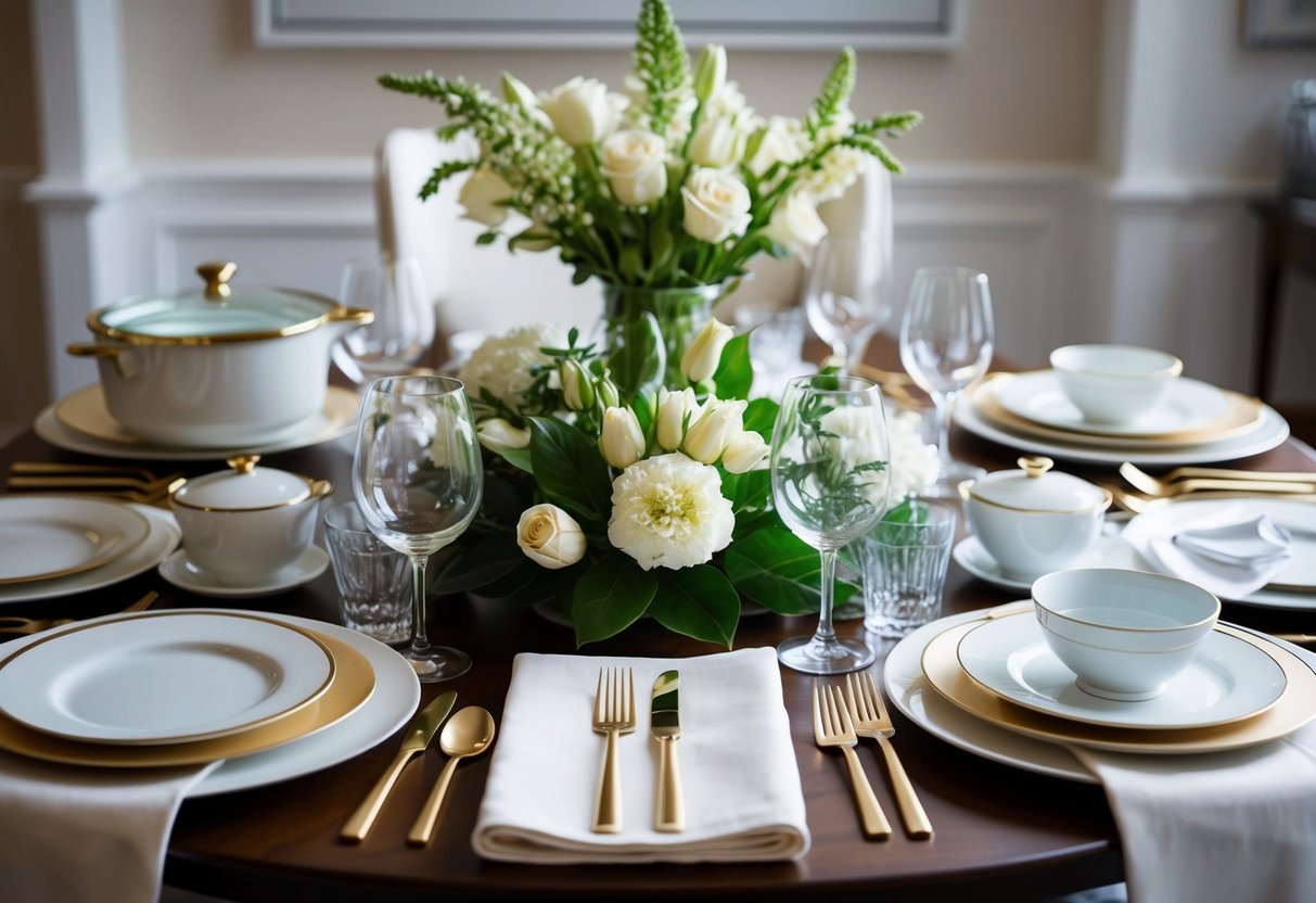 A beautifully set table with a variety of registry items, including elegant dinnerware, luxurious linens, and high-quality kitchen appliances