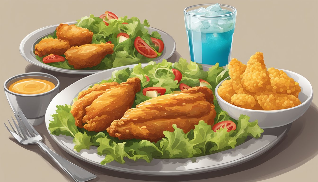 A table set with a plate of Texas chicken, a salad, and a drink