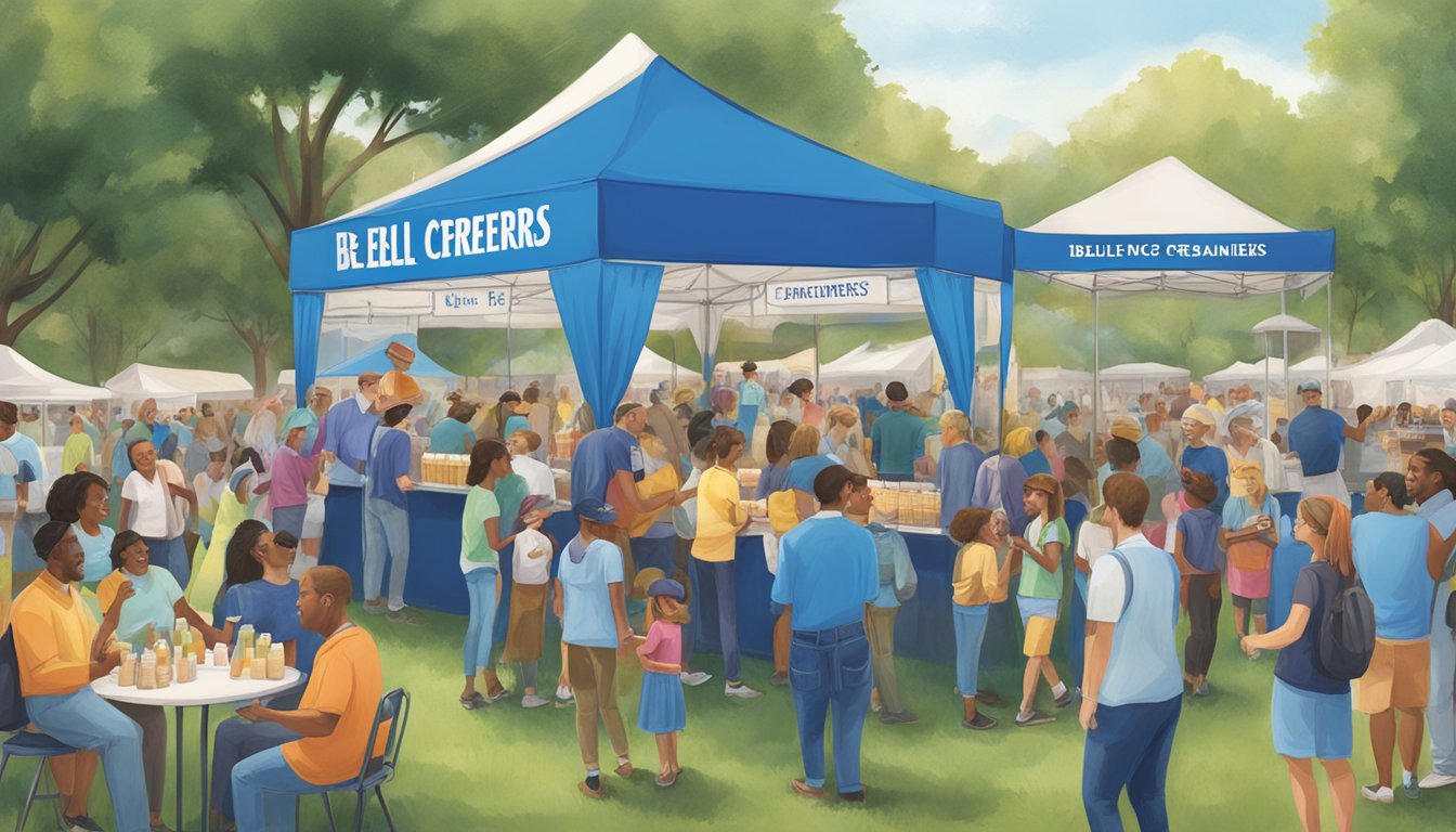 A bustling outdoor event with a blue Bell Creameries booth surrounded by a diverse crowd engaging in sampling activities and community interactions