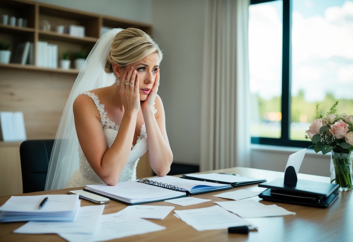 A frustrated bride stares at a disorganized wedding planner's scattered notes and missed deadlines