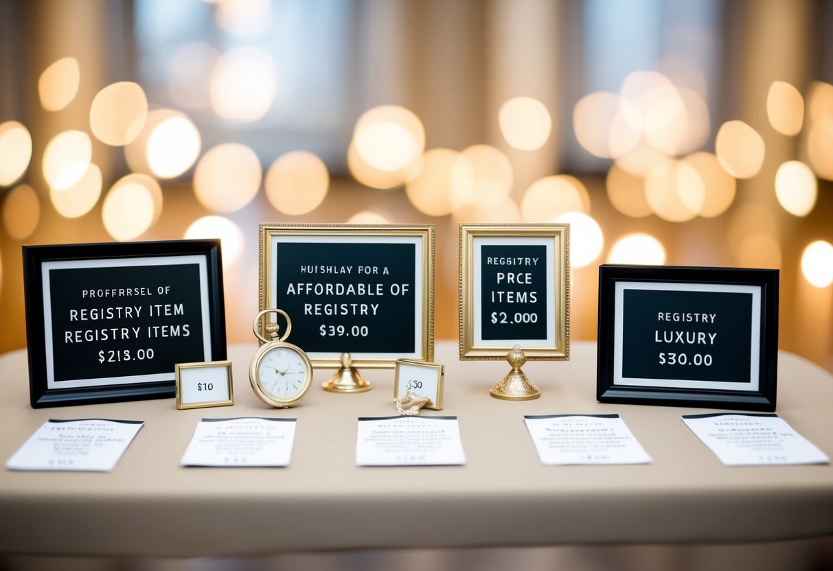 A table displaying a range of registry items, from affordable to luxury, with price tags and descriptions