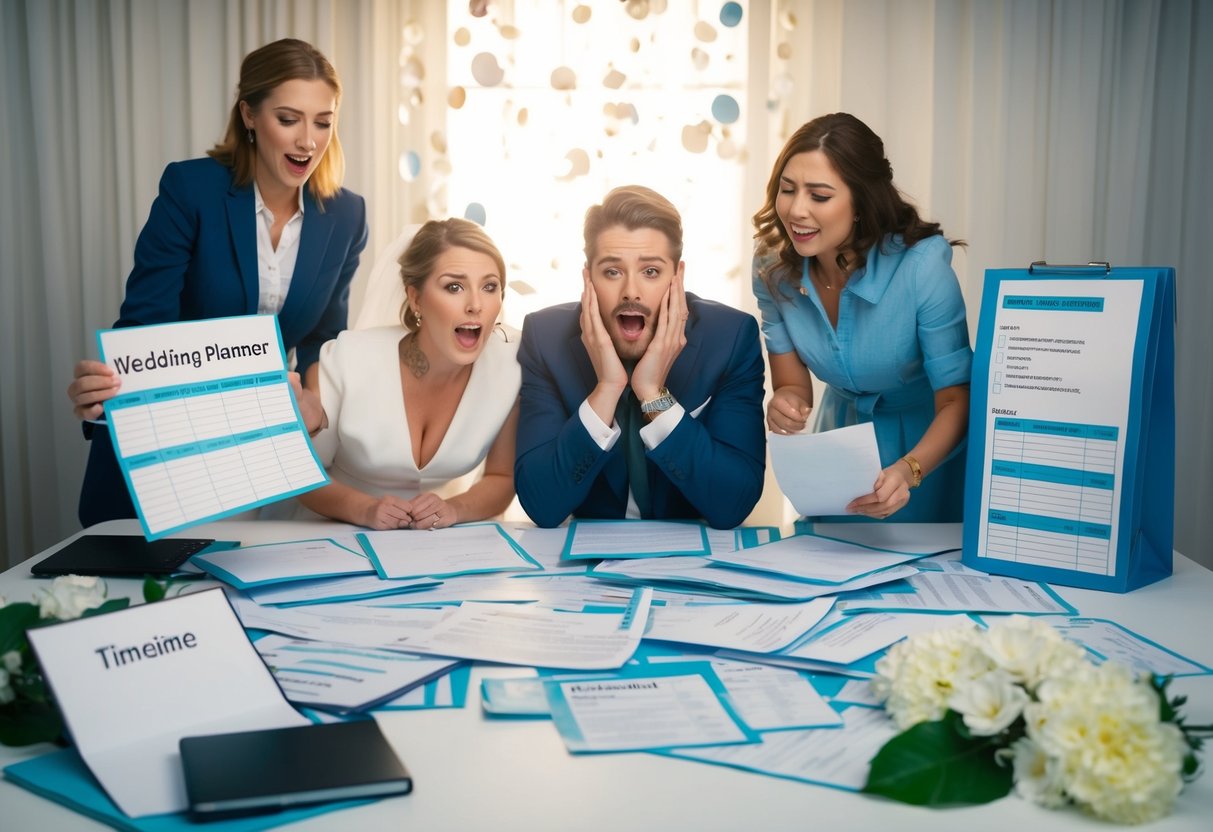 A frustrated couple surrounded by scattered wedding planning documents and a disorganized timeline, while a wedding planner is nowhere to be found