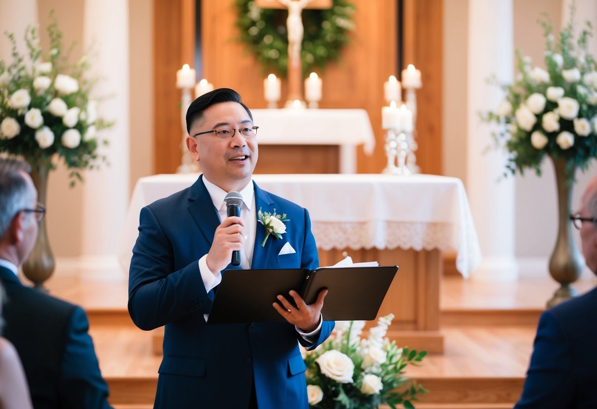 An officiant stands at the front of a decorated altar, speaking with authority and warmth as they lead a wedding ceremony