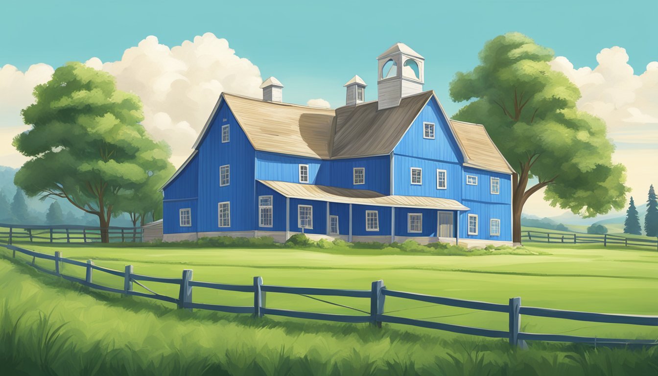 A tranquil rural landscape with a blue bell creamery building nestled among green fields and a clear blue sky