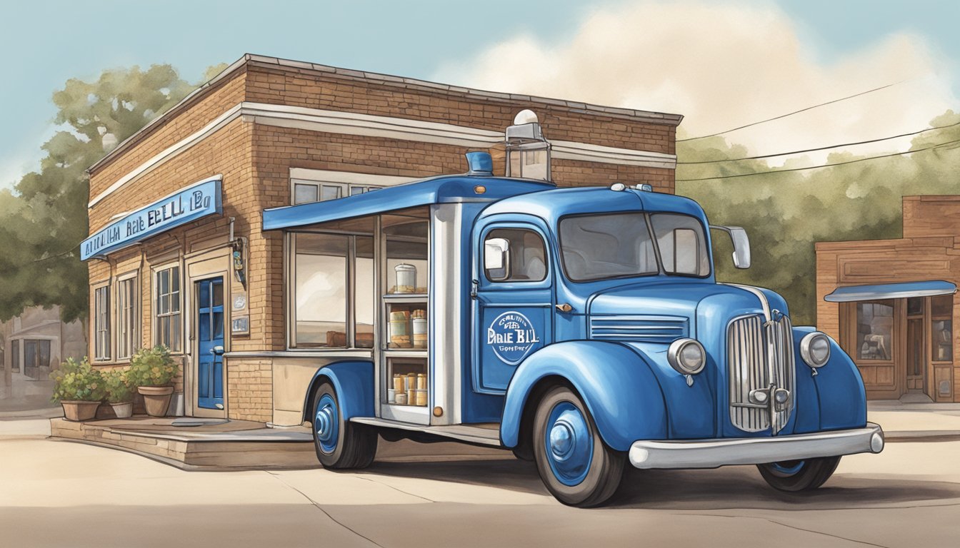 A vintage milk truck parked outside a quaint creamery building in Austin, Texas, with the iconic Blue Bell logo displayed prominently on the side