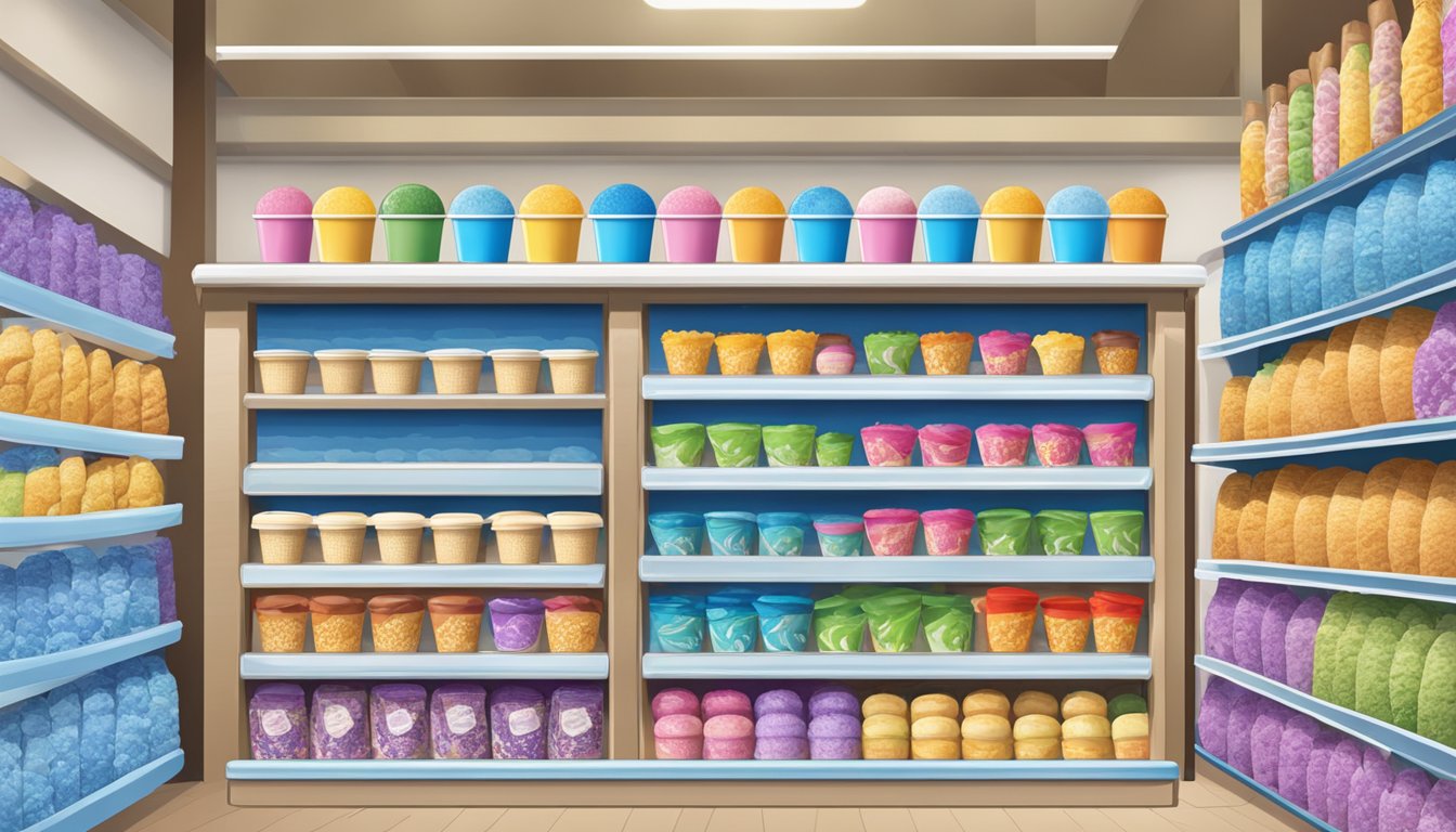 A colorful display of Blue Bell ice cream flavors arranged on shelves in a bright, inviting store setting