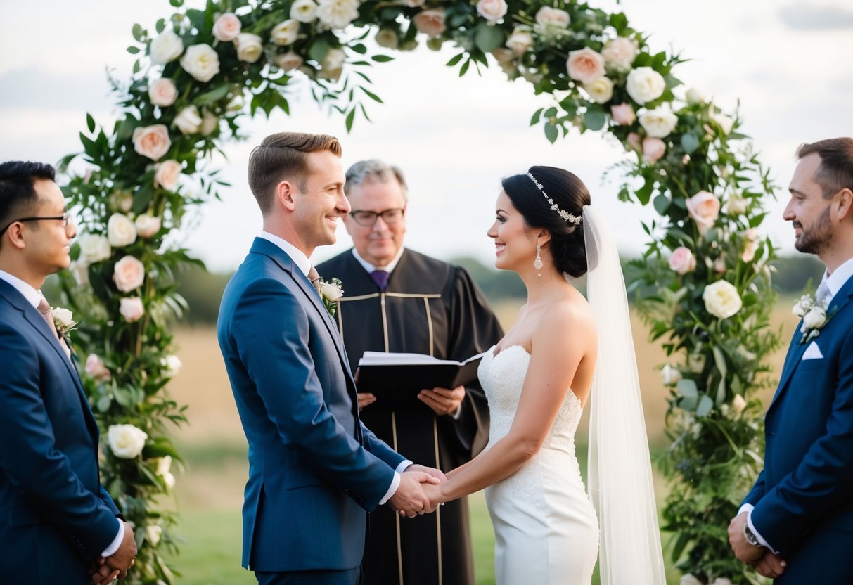 An officiant stands beneath a floral arch, speaking heartfelt words as the couple holds hands and gazes into each other's eyes