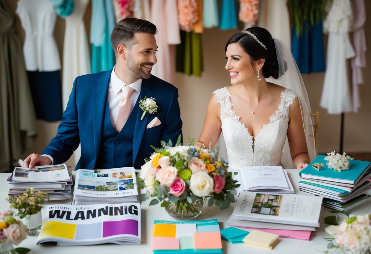 A bride and groom sit at a table covered in wedding magazines and planning books, surrounded by colorful swatches of fabric and floral arrangements