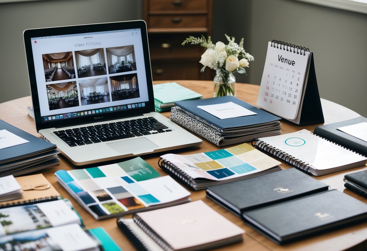 A table covered in wedding magazines, swatches, and notebooks. A laptop displaying venue options. A calendar with dates circled